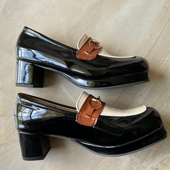 Block platform patent leather heels in black, brown and ivory size 7 gold accent - Picture 3 of 8